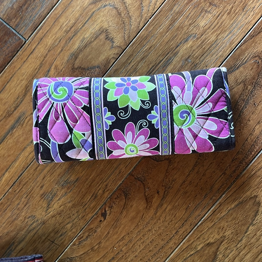 Vera Bradley Black Floral Quilted Accordion Wallet with Pink and Green Accents